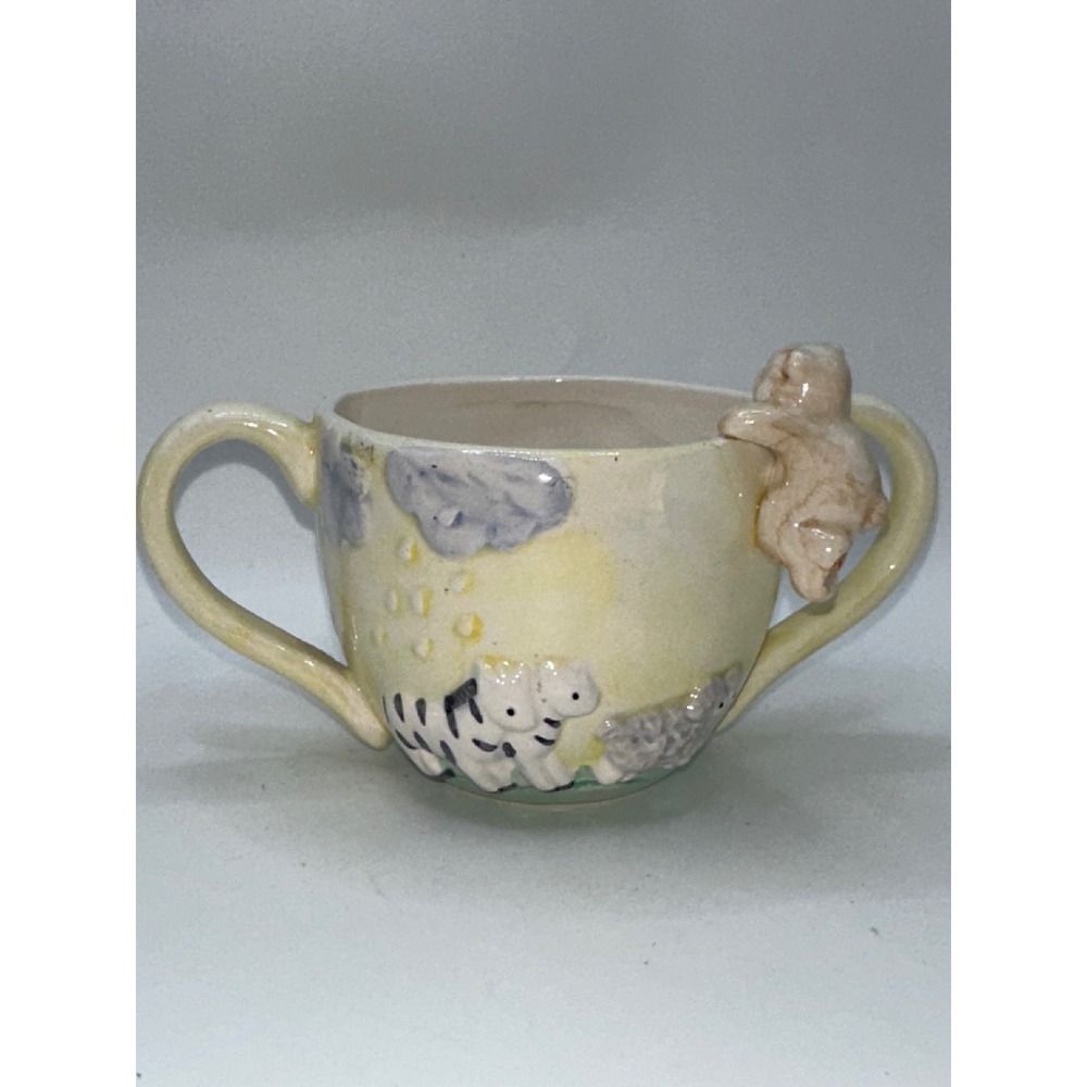 Vintage Ceramic Noahs Ark Baby Cup Two Handle Teddy Bear Giraffe Nursery Mug